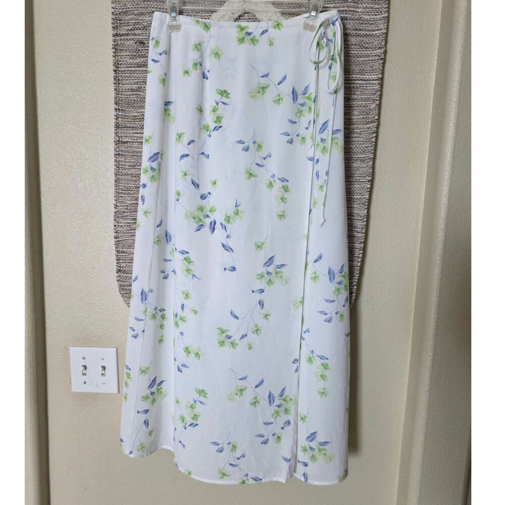 Emma James Floral Midi Skirt Women’s Size 6 White Blue Green Wrap Tie A-Line